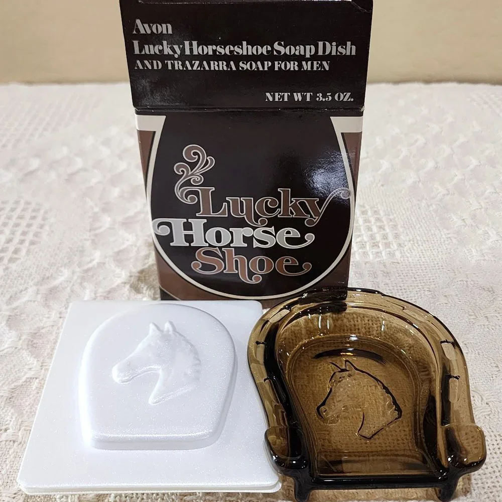 MCM Avon Lucky Horseshoe Glass Soap Dish + Scented Trazarra Horse Bar Soap